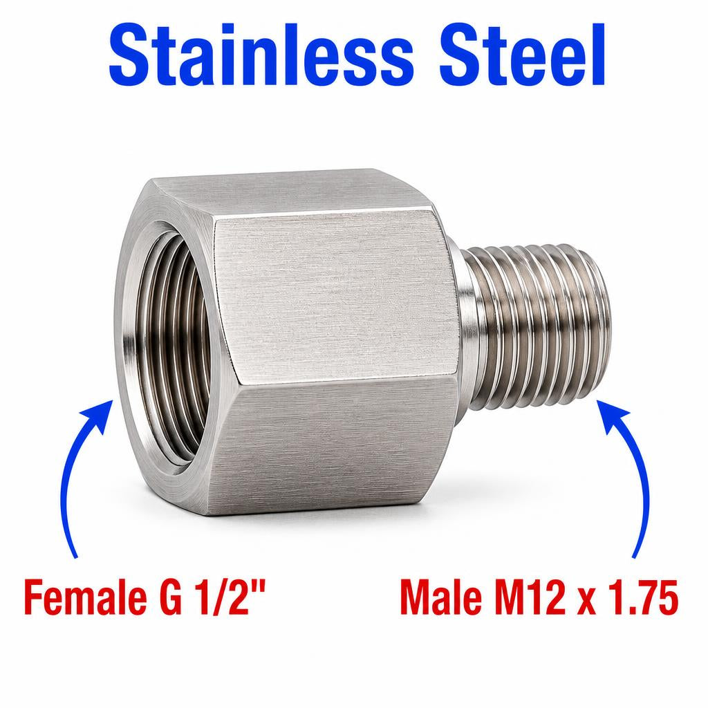 BSP G 1/2 inch Female to M12x1.75 Male Stainless Steel 304 Sensor Adaptor Fittings Conversion
