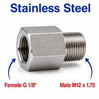 BSP G 1/8 inch Female to M12x1.75 Male Stainless Steel 304 Sensor Adaptor Fittings Conversion