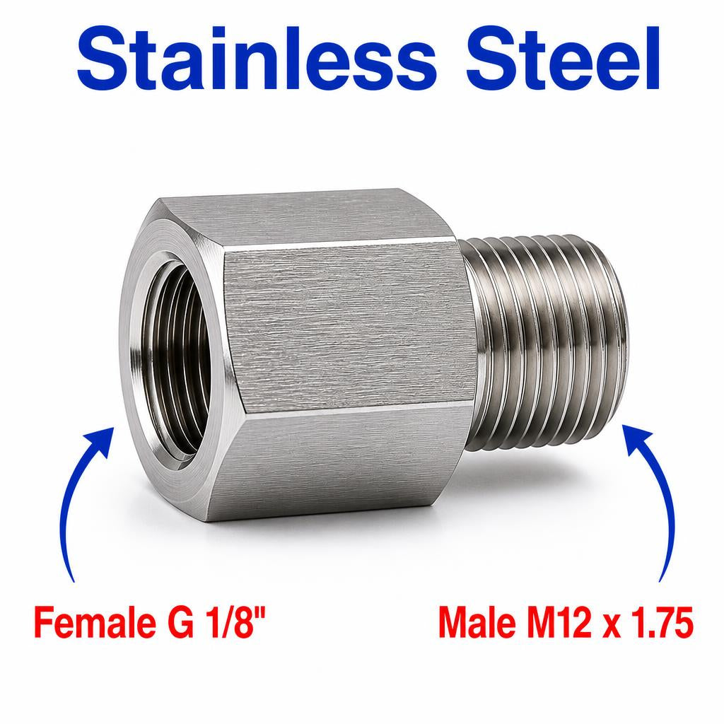 BSP G 1/8 inch Female to M12x1.75 Male Stainless Steel 304 Sensor Adaptor Fittings Conversion