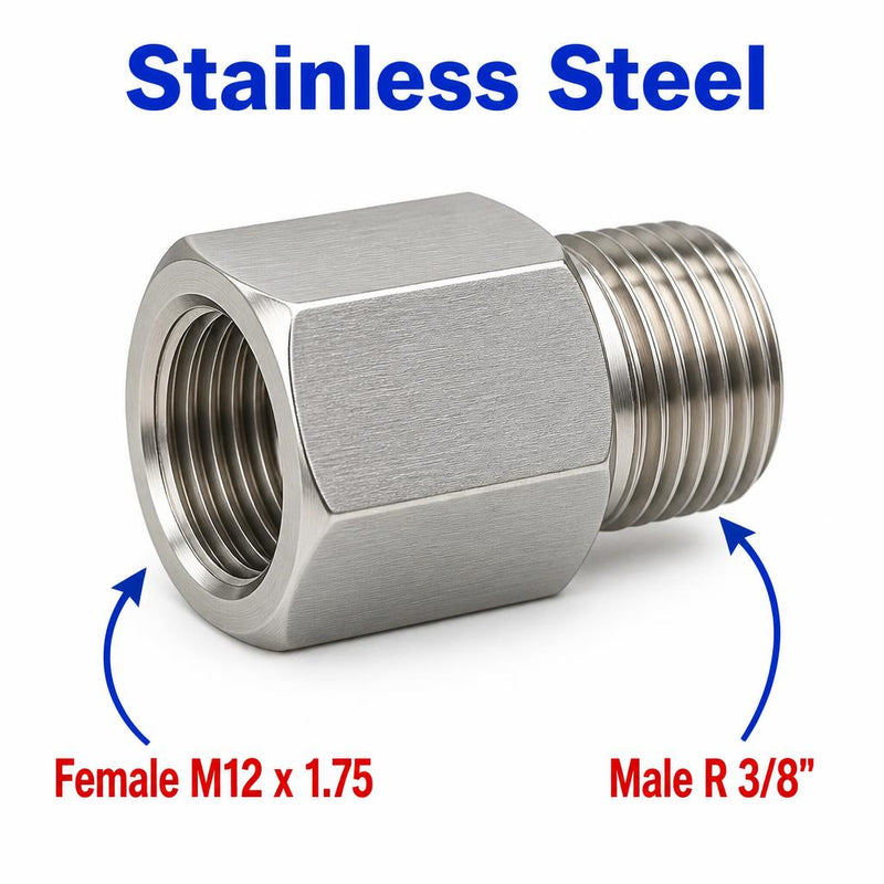 M12x1.75 Female to BSPT Tapered R 3/8 inch Male Stainless Steel 304 Sensor Adaptor Fittings Conversion