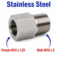 M12x1.25 Female to M16x2 Male Stainless Steel 304 Sensor Adaptor Fittings Conversion