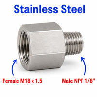 M18x1.5 Female to 1/8 inch NPT Male Stainless Steel 304 Sensor Adaptor Fittings Conversion