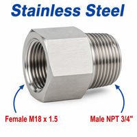 M18x1.5 Female to 3/4 inch NPT Male Stainless Steel 304 Sensor Adaptor Fittings Conversion