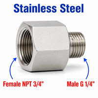3/4 inch NPT Female to BSP G 1/4 inch Male Stainless Steel 304 Sensor Adaptor Fittings Conversion