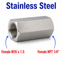 M16x1.5 Female to 1/4 inch NPT Female Stainless Steel 304 Sensor Adaptor Fittings Conversion