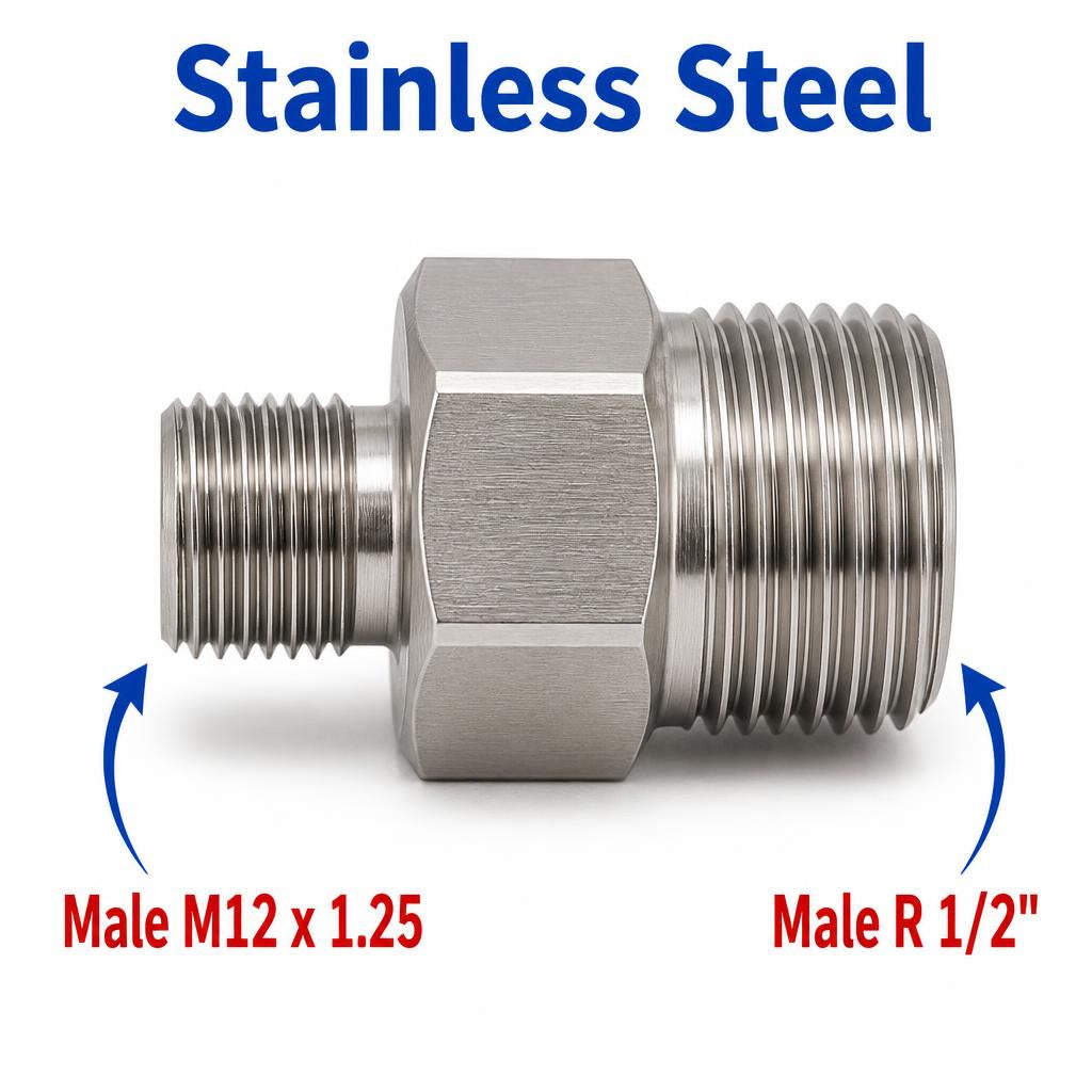 M12x1.25 Male to BSPT Tapered R 1/2 inch Male Stainless Steel 304 Sensor Adaptor Fittings Conversion