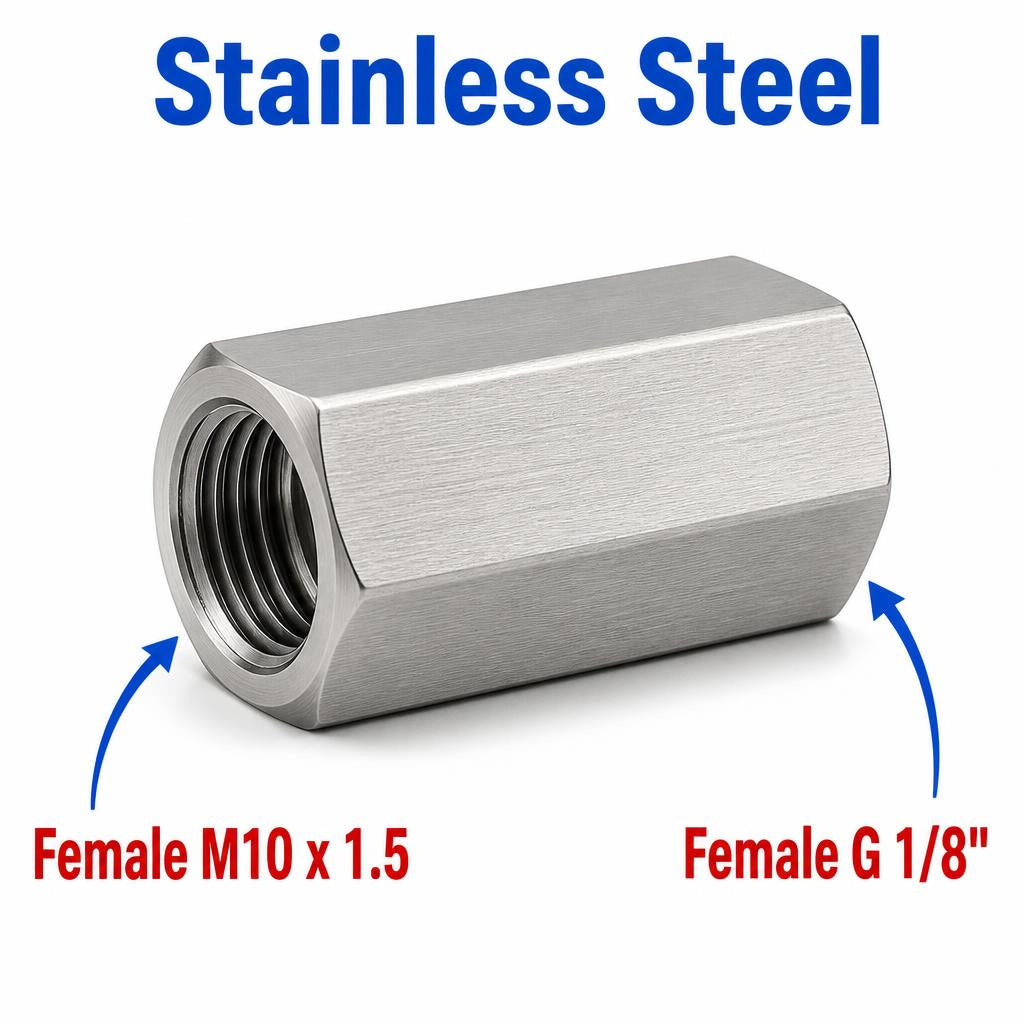M10x1.5 Female to BSP G 1/8 inch Female Stainless Steel 304 Sensor Adaptor Fittings Conversion