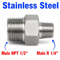 1/2 inch NPT Male to BSPT Tapered R 1/4 inch Male Stainless Steel 304 Sensor Adaptor Fittings Conversion