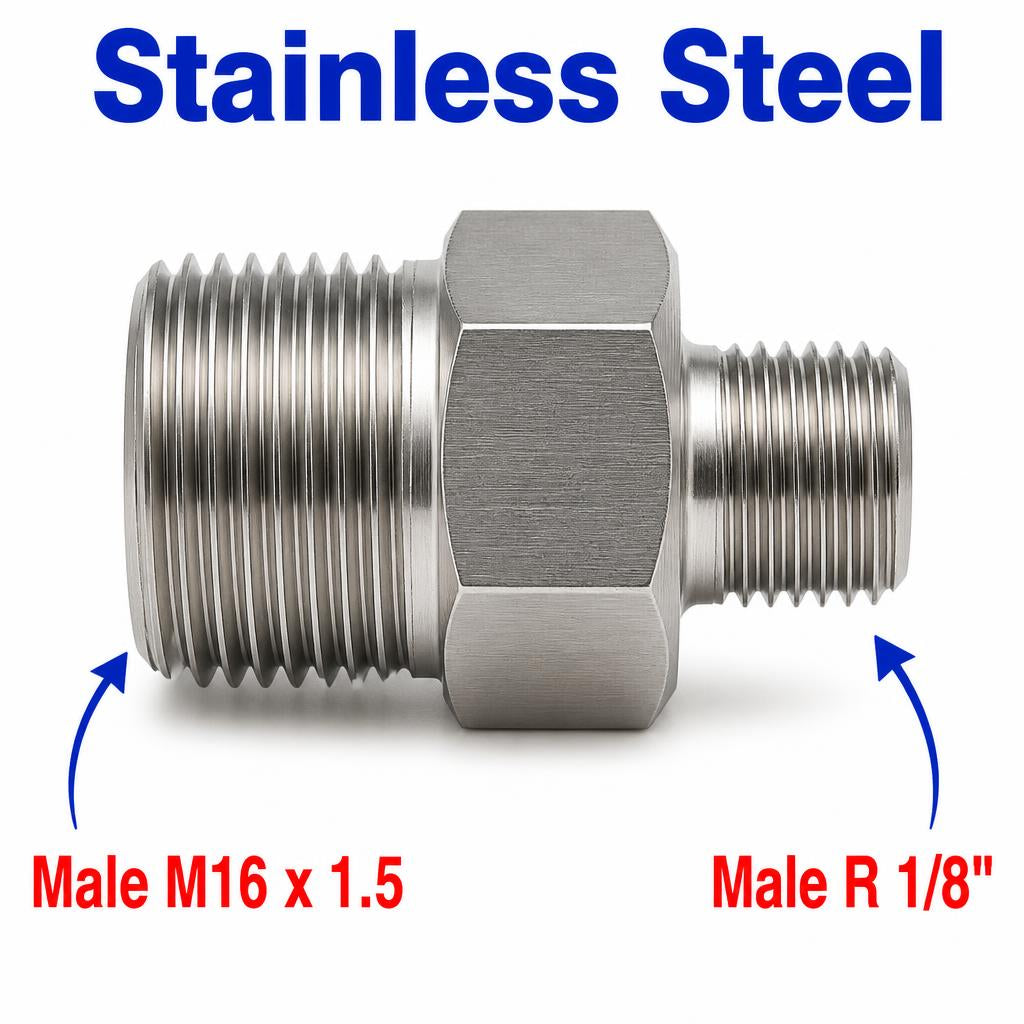 M16x1.5 Male to BSPT Tapered R 1/8 inch Male Stainless Steel 304 Sensor Adaptor Fittings Conversion