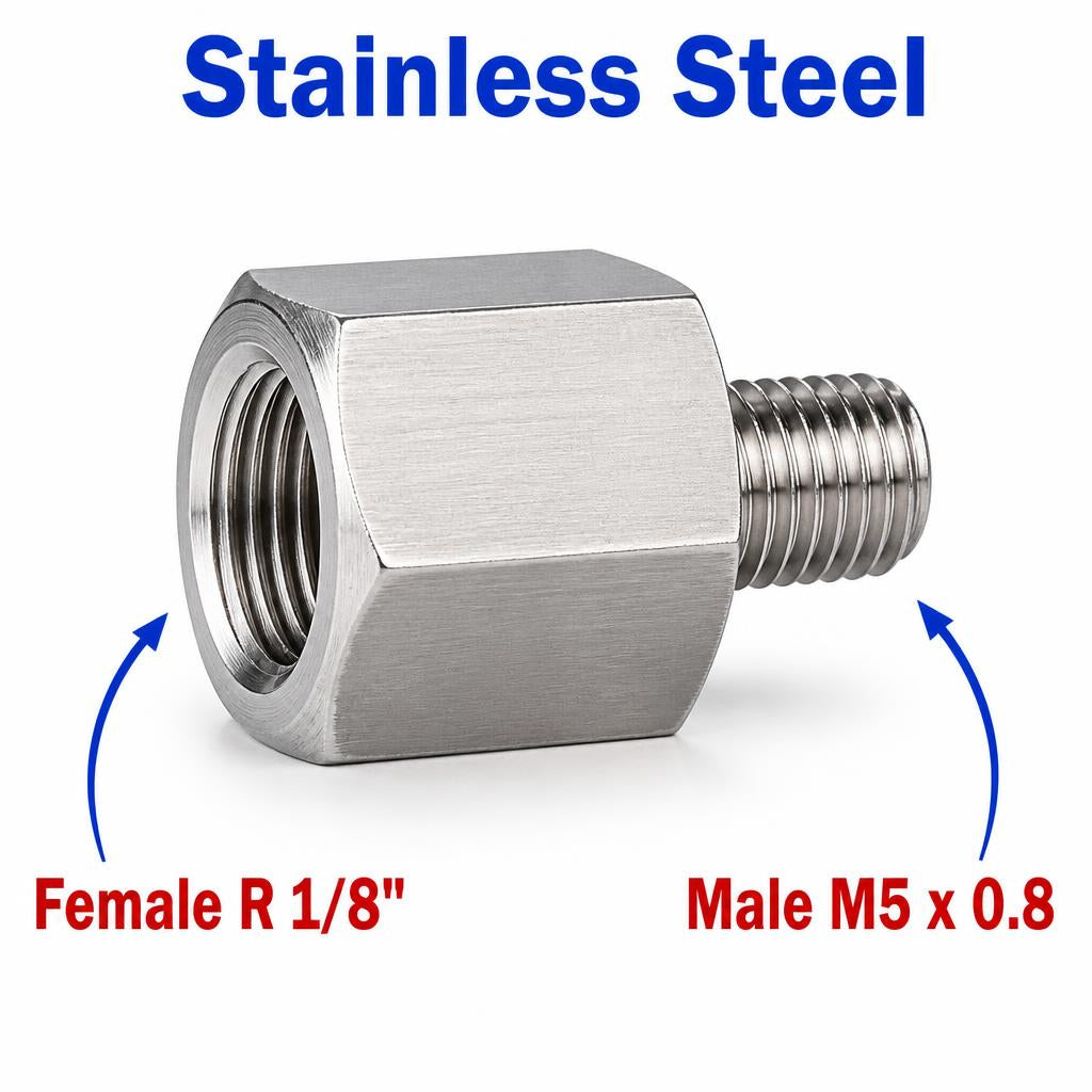 BSPT Tapered R 1/8 inch Female to M5x0.8 Male Stainless Steel 304 Sensor Adaptor Fittings Conversion