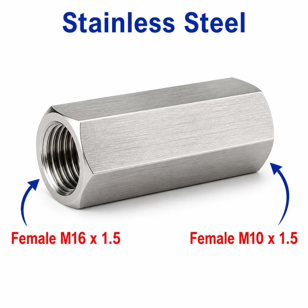 M16x1.5 Female to M10x1.5 Female Stainless Steel 304 Sensor Adaptor Fittings Conversion