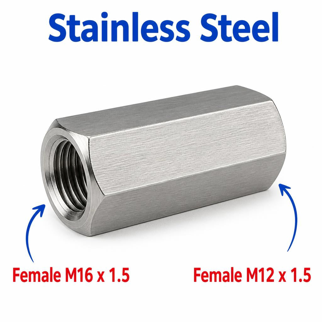 M16x1.5 Female to M12x1.5 Female Stainless Steel 304 Sensor Adaptor Fittings Conversion