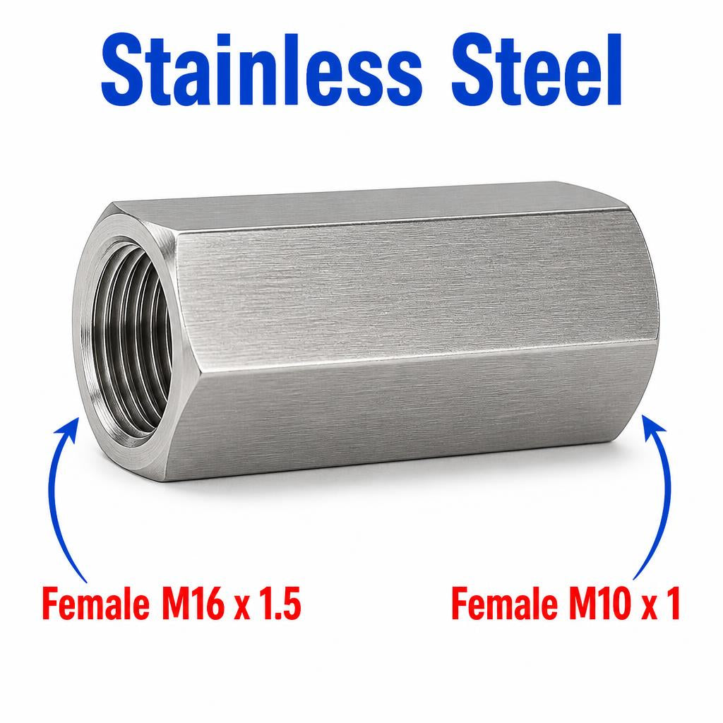 M16x1.5 Female to M10x1 Female Stainless Steel 304 Sensor Adaptor Fittings Conversion