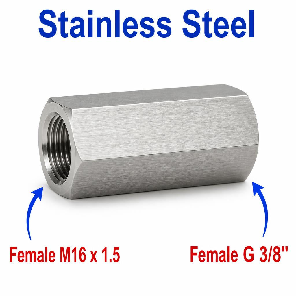 M16x1.5 Female to BSP G 3/8 inch Female Stainless Steel 304 Sensor Adaptor Fittings Conversion