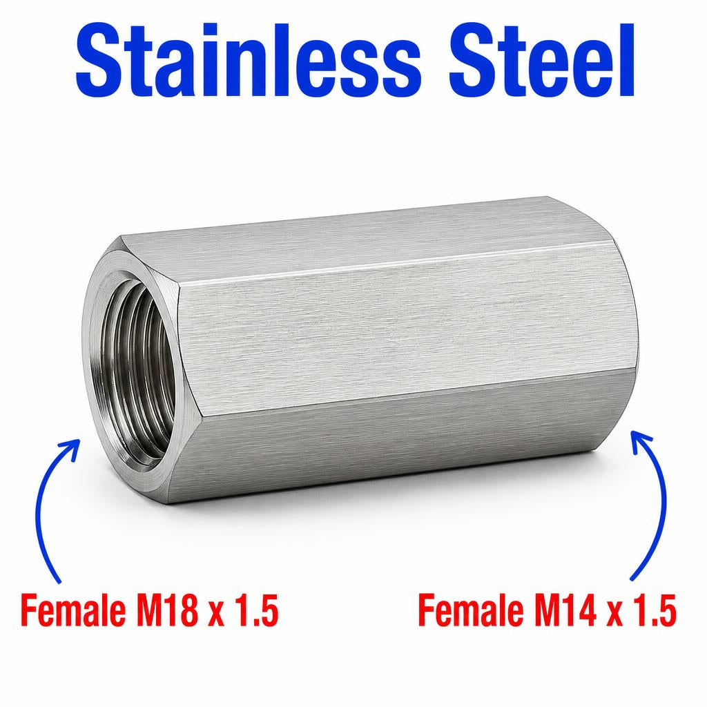M18x1.5 Female to M14x1.5 Female Stainless Steel 304 Sensor Adaptor Fittings Conversion