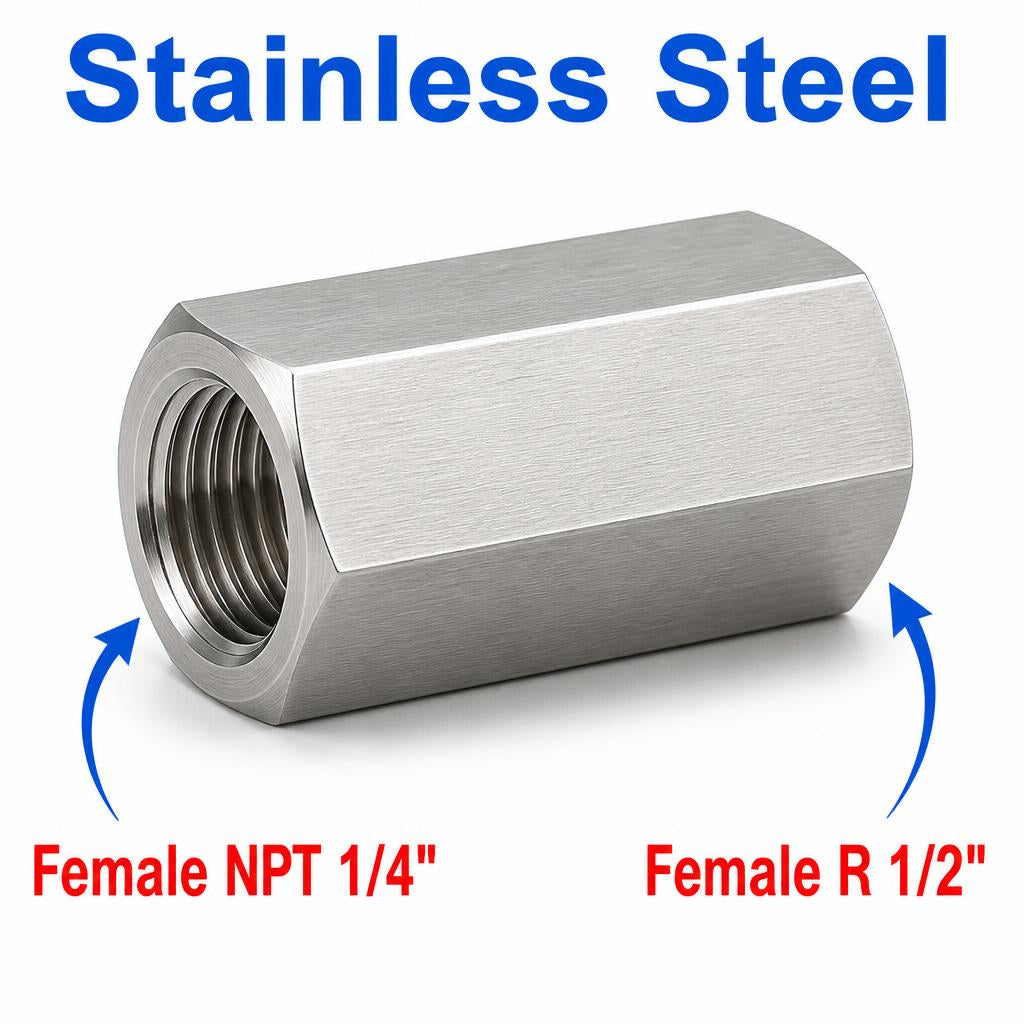 1/4 inch NPT Female to BSPT Tapered R 1/2 inch Female Stainless Steel 304 Sensor Adaptor Fittings Conversion