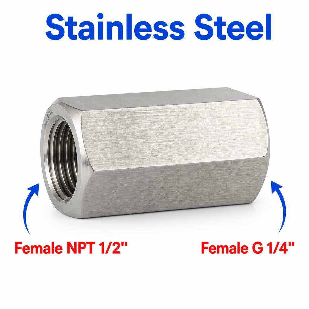 1/2 inch NPT Female to BSP G 1/4 inch Female Stainless Steel 304 Sensor Adaptor Fittings Conversion