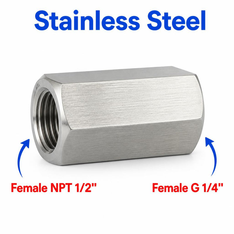 1/2 inch NPT Female to BSP G 1/4 inch Female Stainless Steel 304 Sensor Adaptor Fittings Conversion