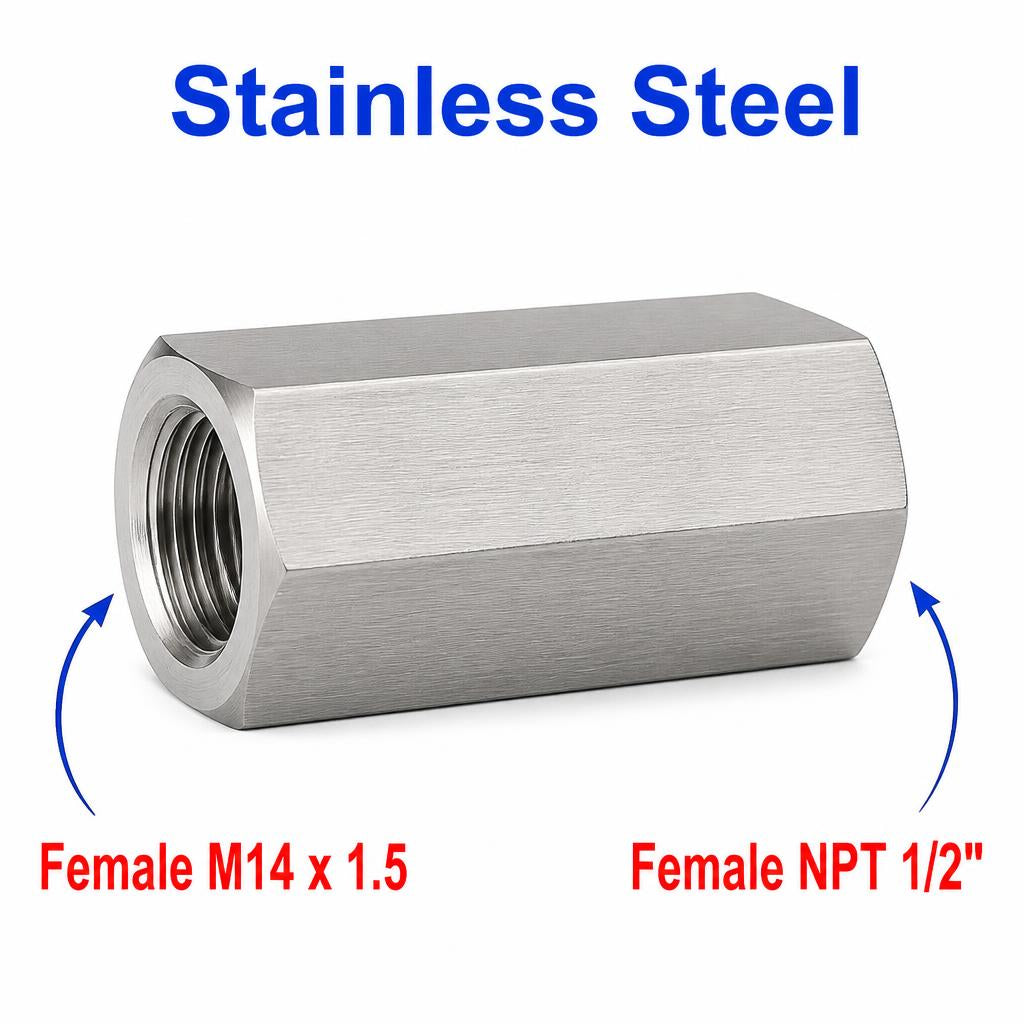 M14x1.5 Female to 1/2 inch NPT Female Stainless Steel 304 Sensor Adaptor Fittings Conversion