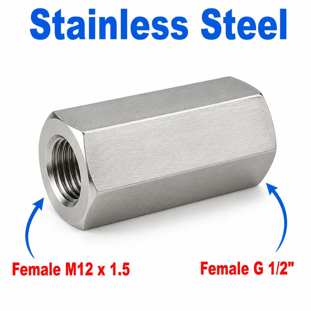 M12x1.5 Female to BSP G 1/2 inch Female Stainless Steel 304 Sensor Adaptor Fittings Conversion
