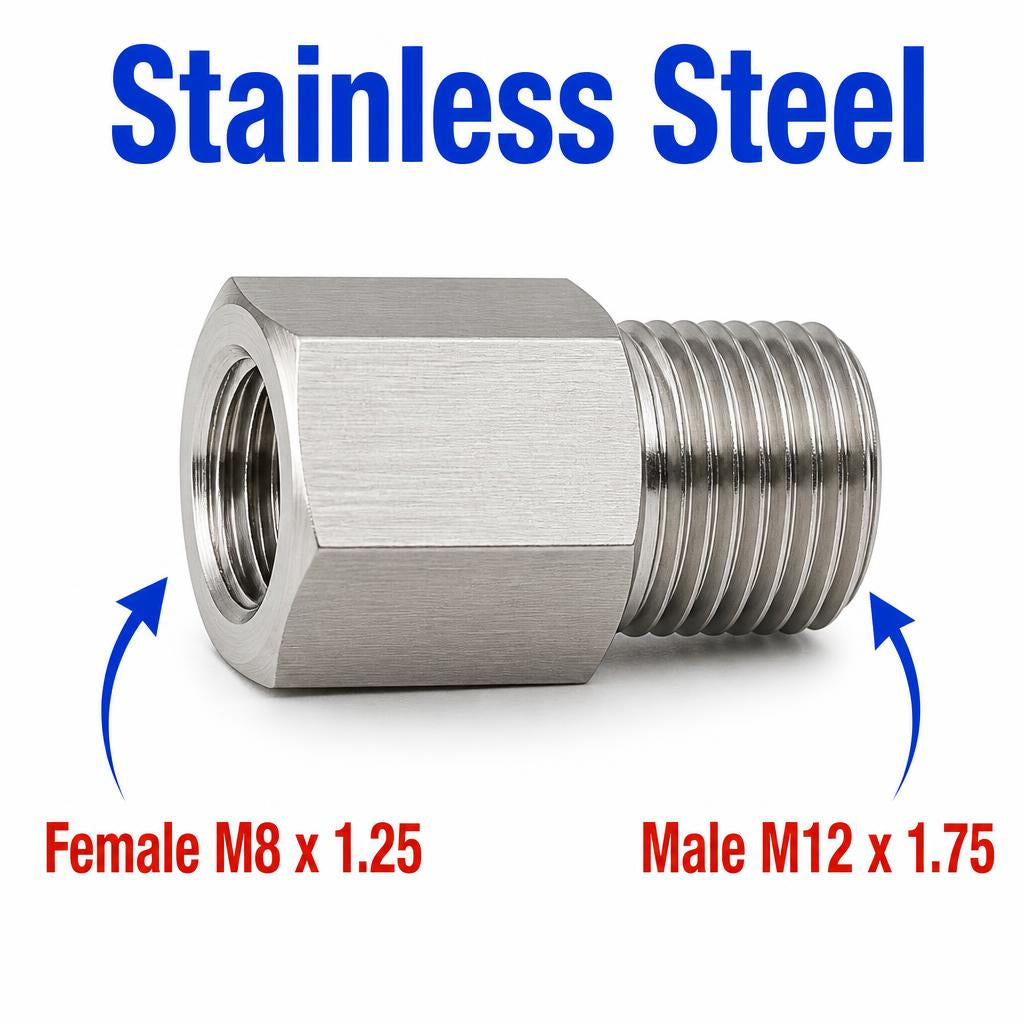 M8x1.25 Female to M12x1.75 Male Stainless Steel 304 Sensor Adaptor Fittings Conversion