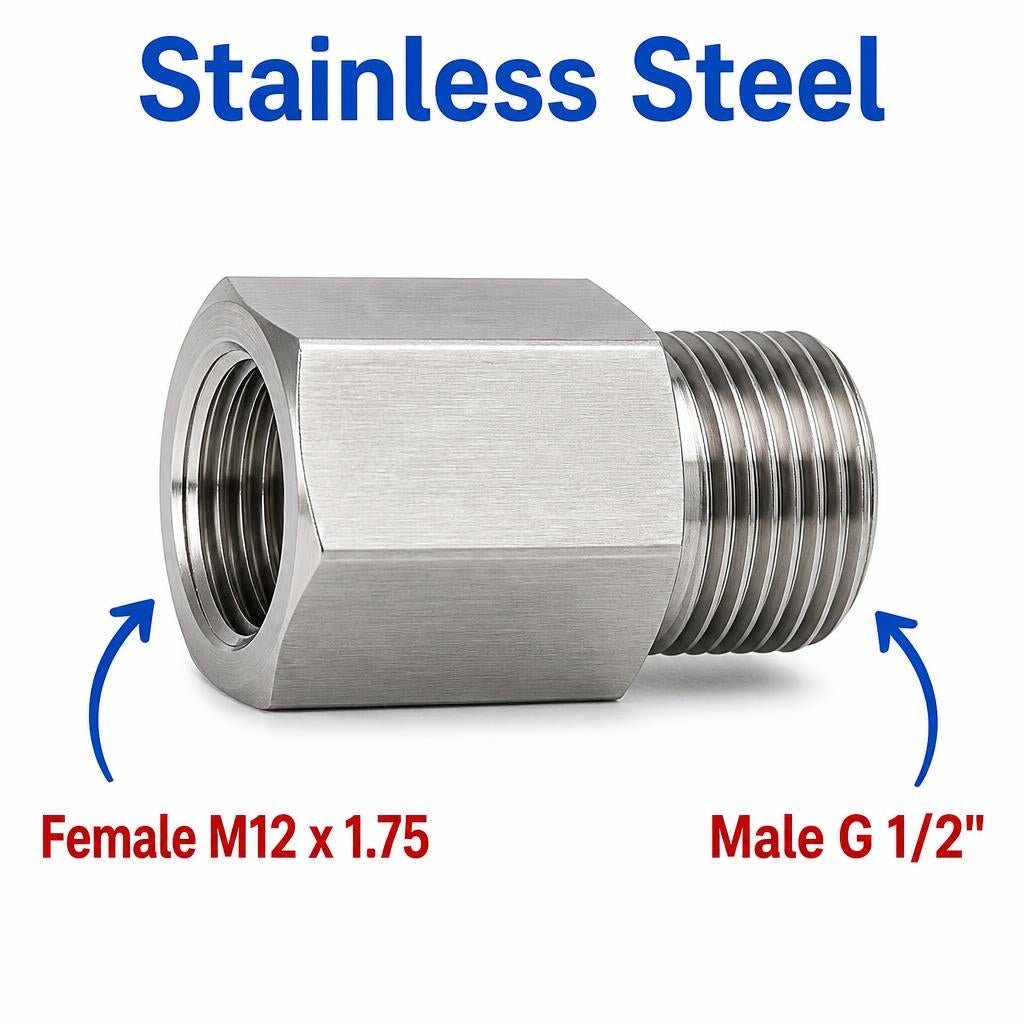 M12x1.75 Female to BSP G 1/2 inch Male Stainless Steel 304 Sensor Adaptor Fittings Conversion