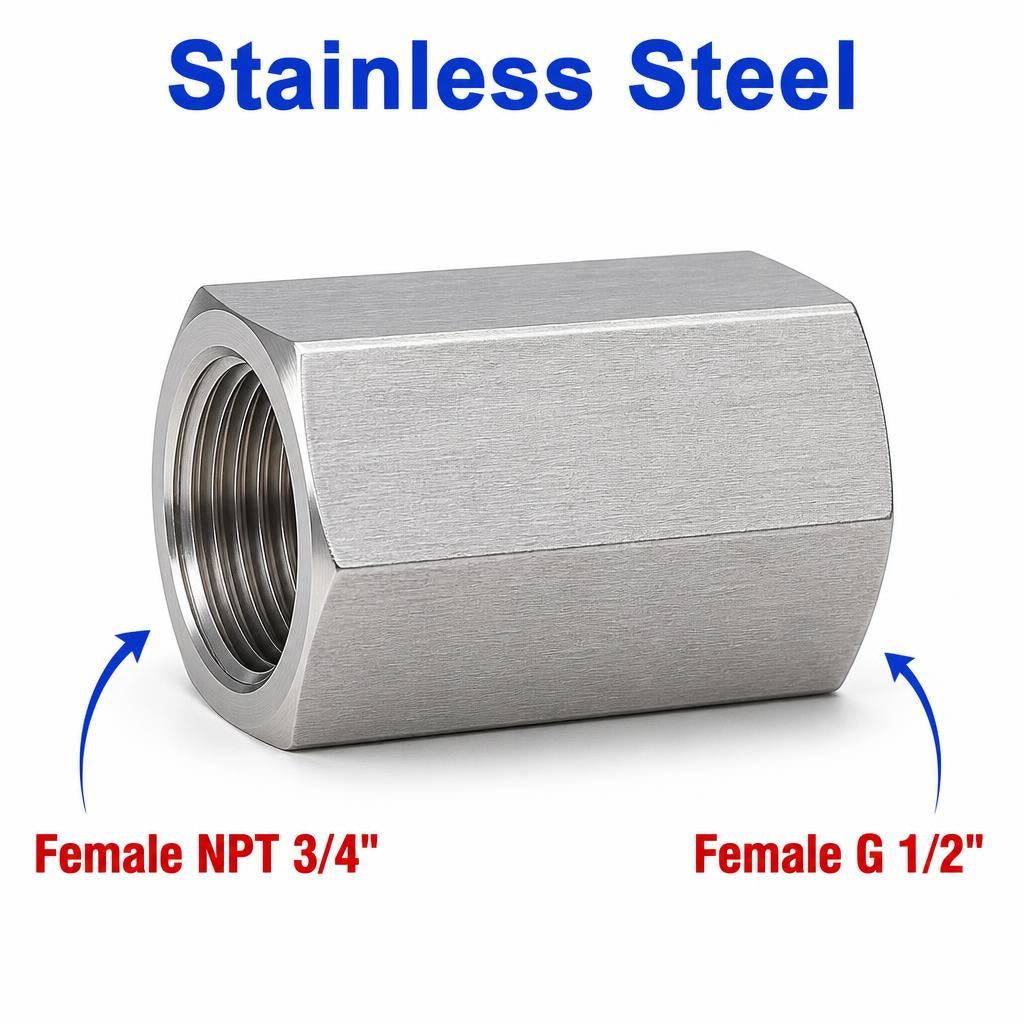 3/4 inch NPT Female to BSP G 1/2 inch Female Stainless Steel 304 Sensor Adaptor Fittings Conversion