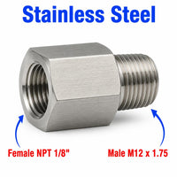 1/8 inch NPT Female to M12x1.75 Male Stainless Steel 304 Sensor Adaptor Fittings Conversion