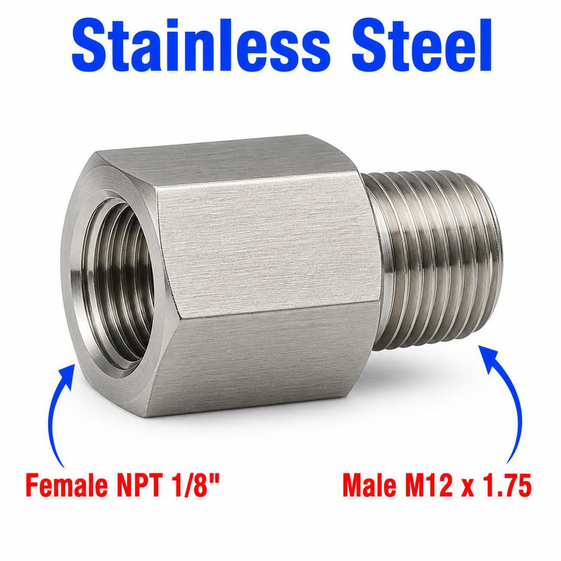 1/8 inch NPT Female to M12x1.75 Male Stainless Steel 304 Sensor Adaptor Fittings Conversion