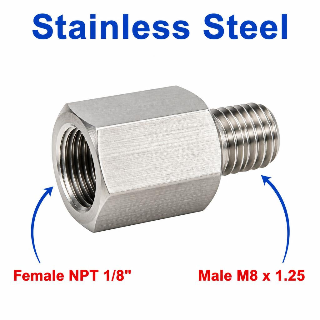 1/8 inch NPT Female to M8x1.25 Male Stainless Steel 304 Sensor Adaptor Fittings Conversion