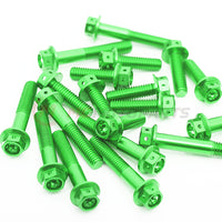 Set of CNC race spec M6 bolts for Triumph Speed Triple 1200 / RS crankcase cover, by MC Motoparts, shown on a silver motorbike engine.