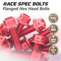 Close-up of red CNC race spec crankcase cover bolts for Triumph Street Triple 765 R/RS/S, made by MC Motoparts.