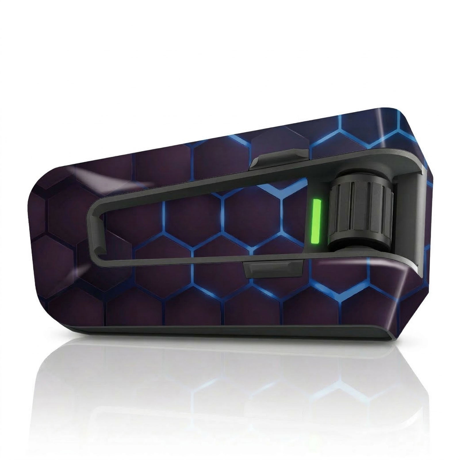 Glossy blue vinyl decal wrap for Cardo Packtalk Edge from MC Motoparts Cyber-Hex series, featuring intricate hexagonal design.