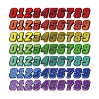 Set of three high-visibility racing number stickers by MC Motoparts with personalized name and number for dirt bikes and motorcycles.
