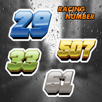 High-visibility MC Motoparts Elite Series racing number decals with personalized name and number for dirt bikes and motorcycles.