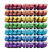 Three high-visibility custom racing number stickers by MC Motoparts with gradient style for dirt bikes and motorcycles.