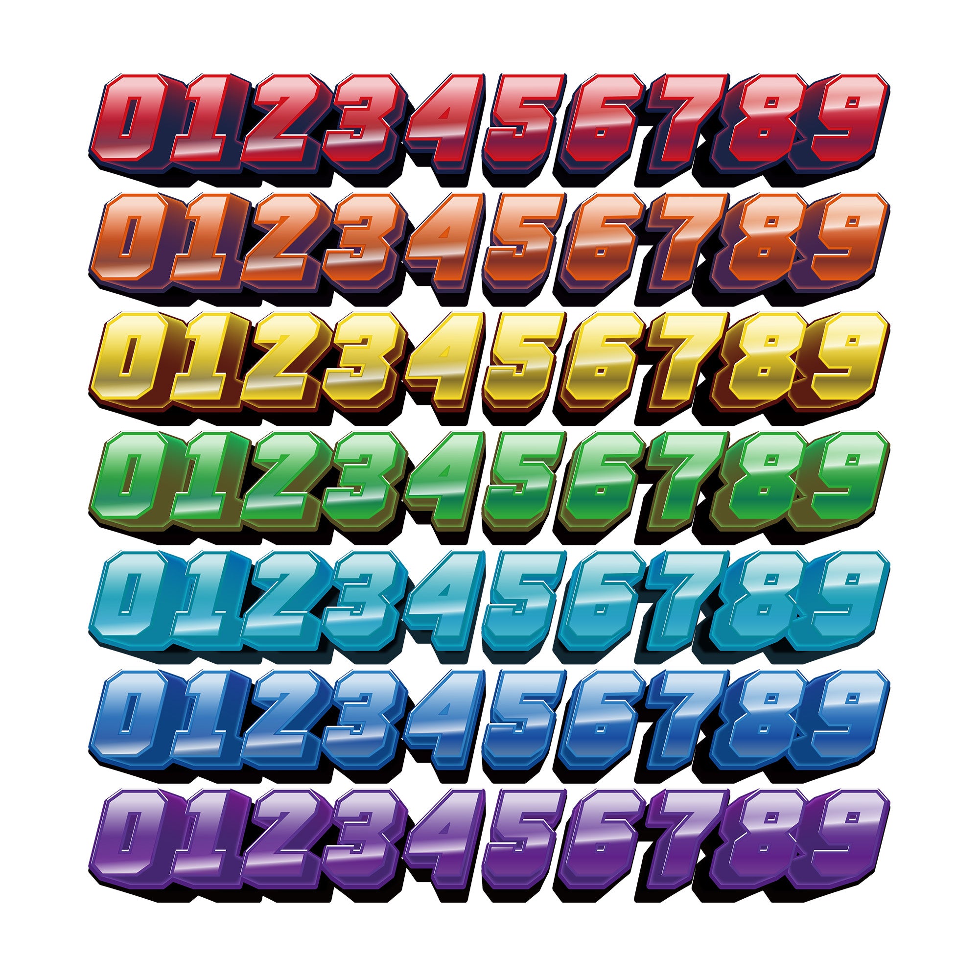 Three high-visibility custom racing number stickers by MC Motoparts with gradient style for dirt bikes and motorcycles.