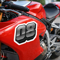 MC Motoparts Elite Series high-visibility custom racing decals with gradient style, personalized name and number for dirt bikes and motorcycles.