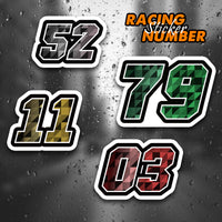 Set of three high-visibility racing number stickers with checkered style decals for dirt bikes and motorcycles, personalized with name and number.