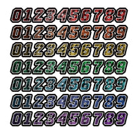 Set of three MC Motoparts Elite Series high-visibility custom racing decals with T08 checkered style, personalized name and number for dirt bikes