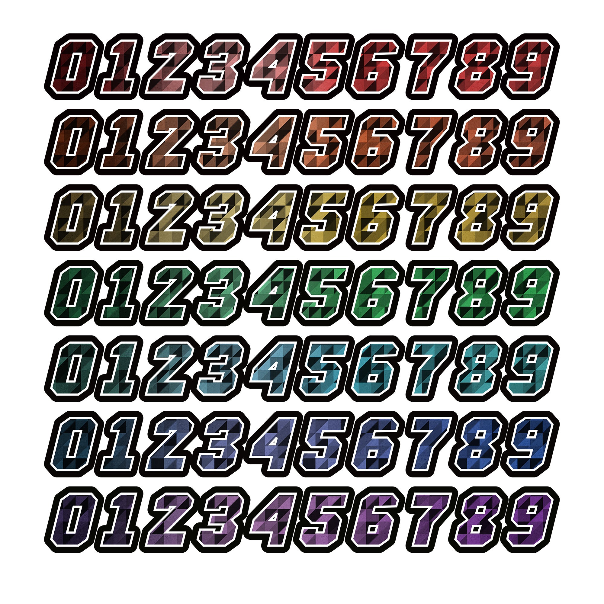 Set of three MC Motoparts Elite Series high-visibility custom racing decals with T08 checkered style, personalized name and number for dirt bikes