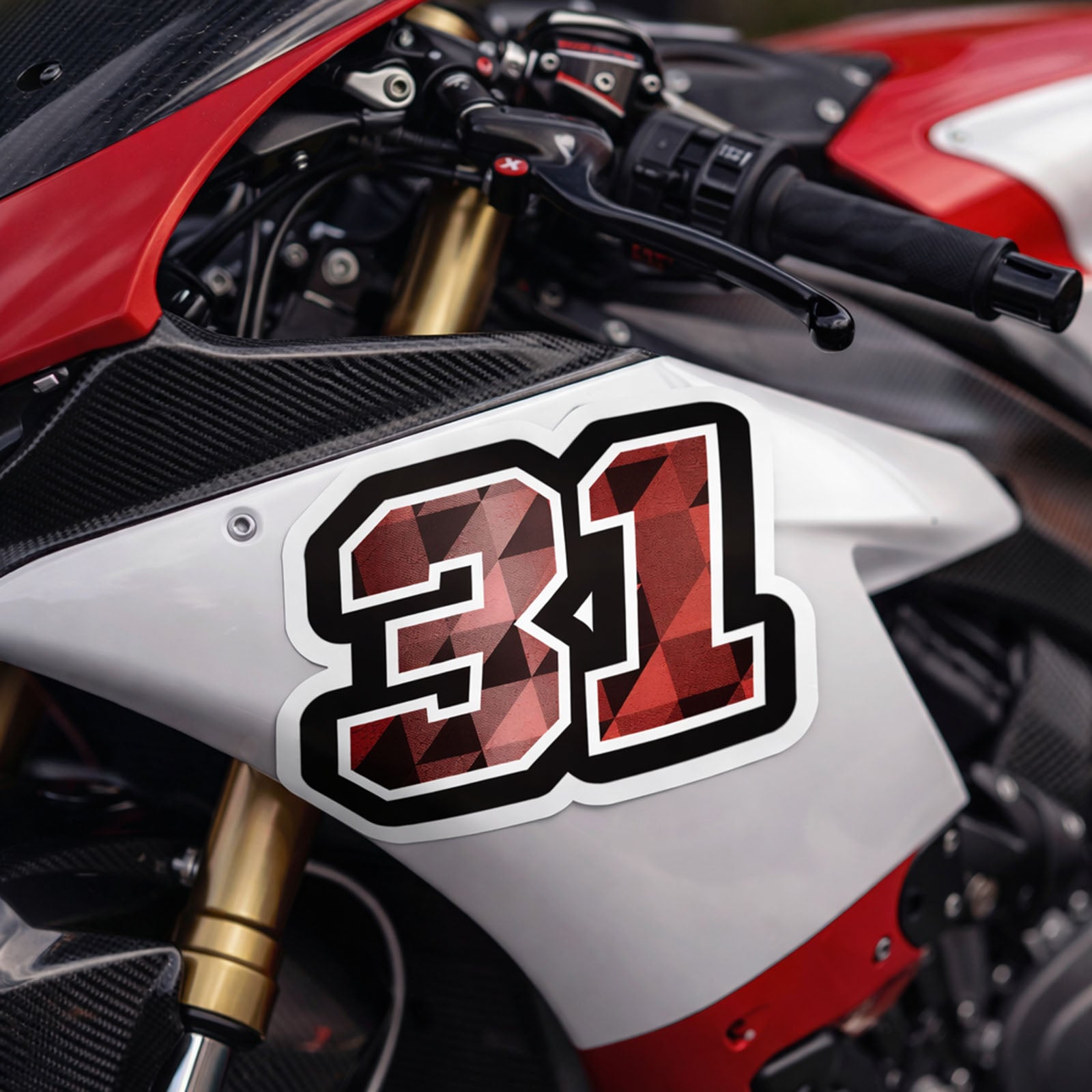 Three checkered style racing number stickers by MC Motoparts, customizable with name and number, for dirt bikes and motorcycles.