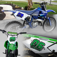 Set of three custom MC Motoparts racing number decals with name in T09 trapezoid style for motocross and karting.