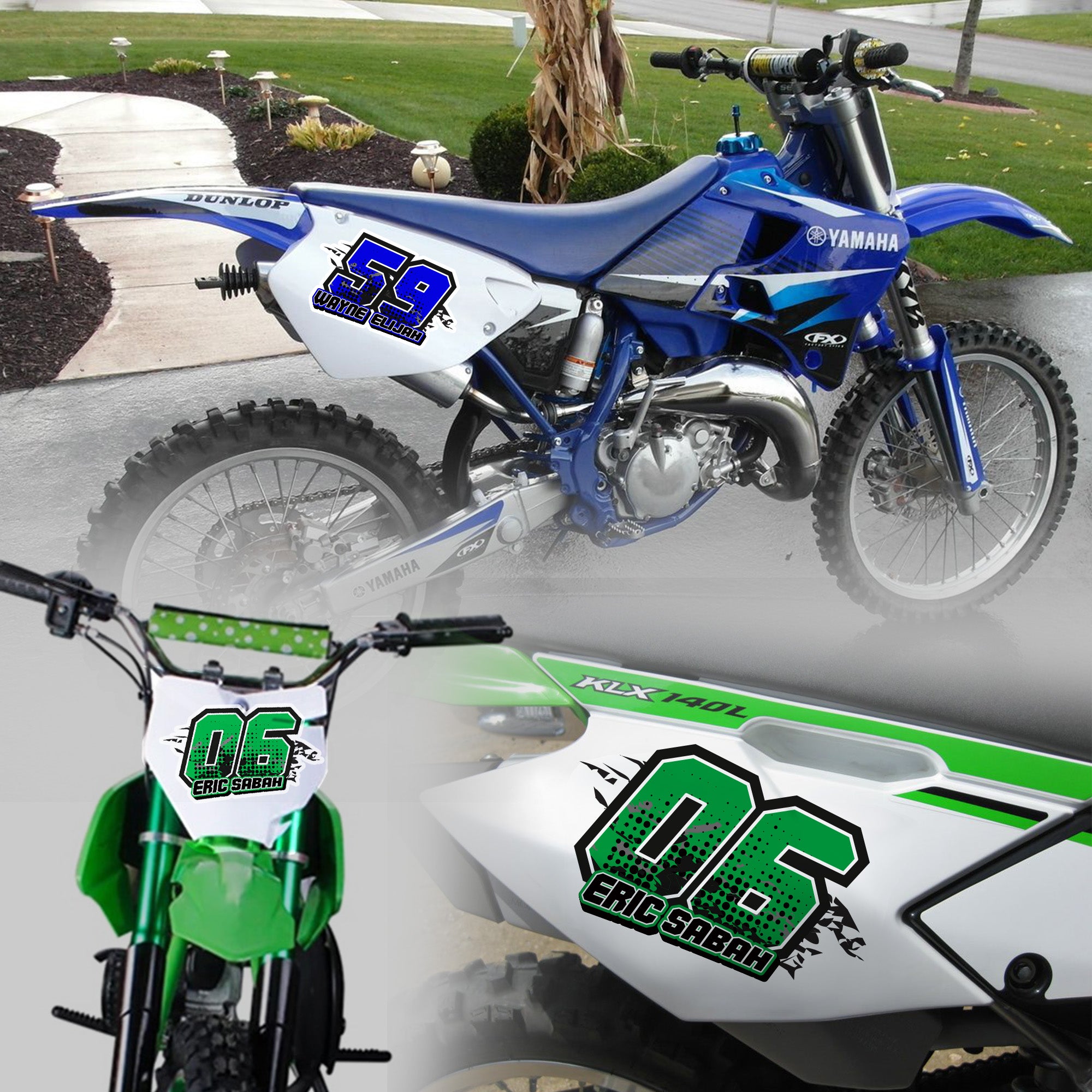 Set of three custom MC Motoparts racing number decals with name in T09 trapezoid style for motocross and karting.