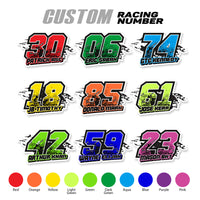 Set of three custom racing number decals with name, T09 trapezoid style, for motocross and karting by MC Motoparts.