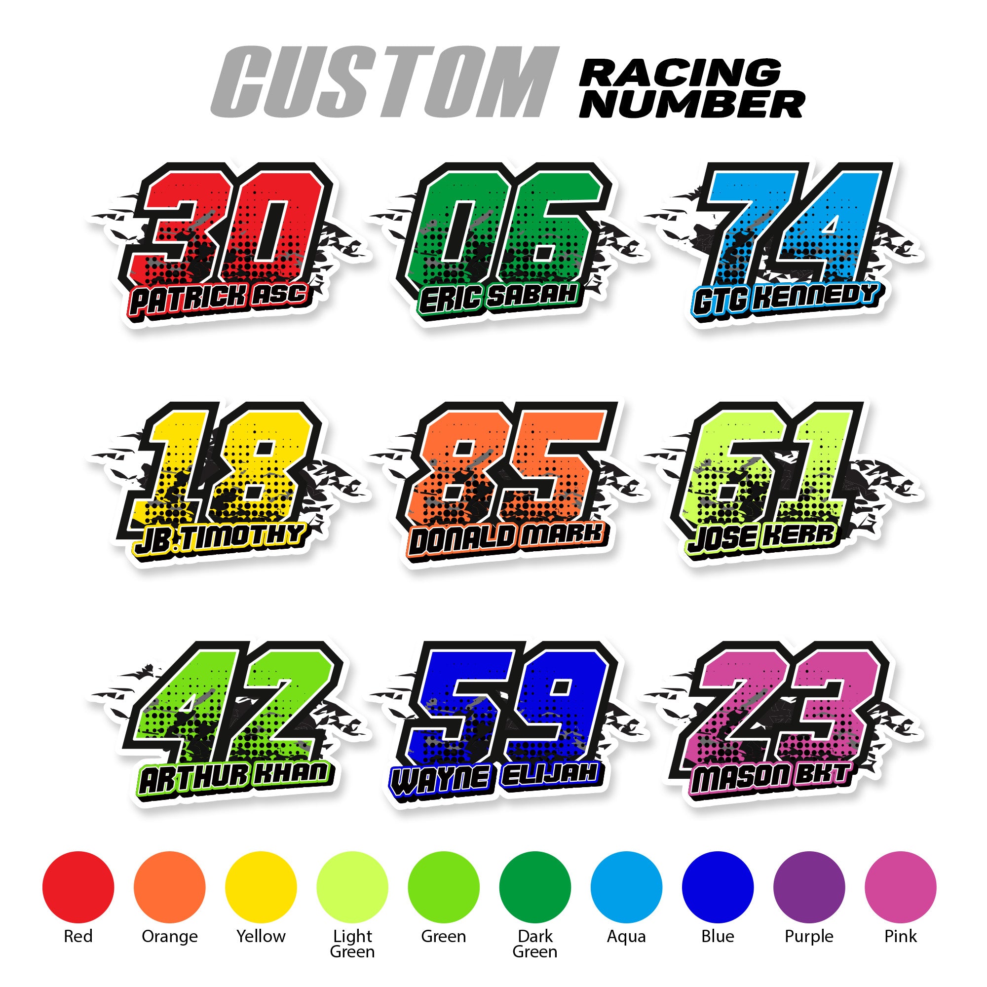 Set of three custom racing number decals with name, T09 trapezoid style, for motocross and karting by MC Motoparts.