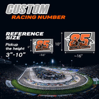 Set of three custom racing number decals with names in T09 trapezoid style, designed for motocross and karting by MC Motoparts