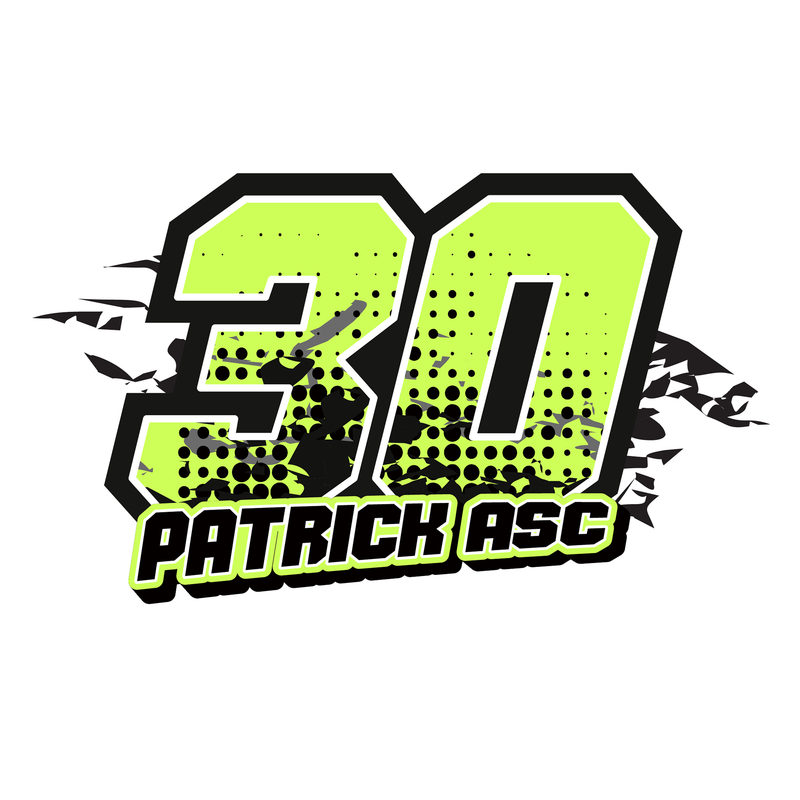 Set of three custom racing number decals with names in T09 trapezoid style, ideal for motocross and karting vehicles.