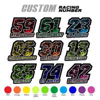 Set of three custom racing number decals with splatter style design, personalized with name for motocross and karting by MC Motoparts.