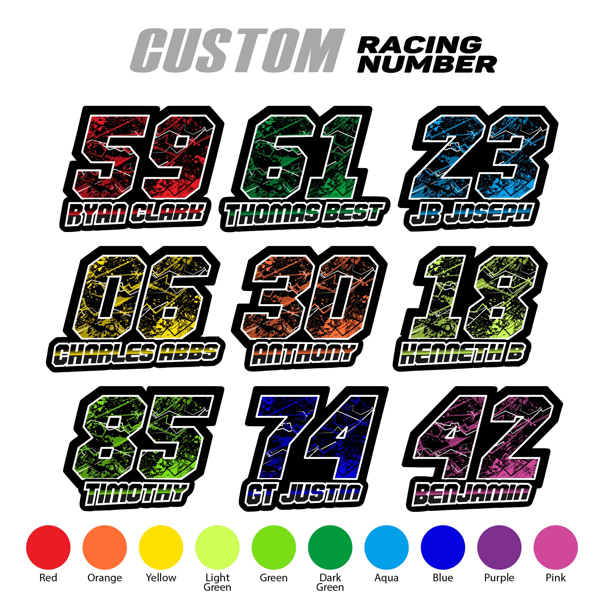Set of three custom racing number decals with splatter style design, personalized with name for motocross and karting by MC Motoparts.